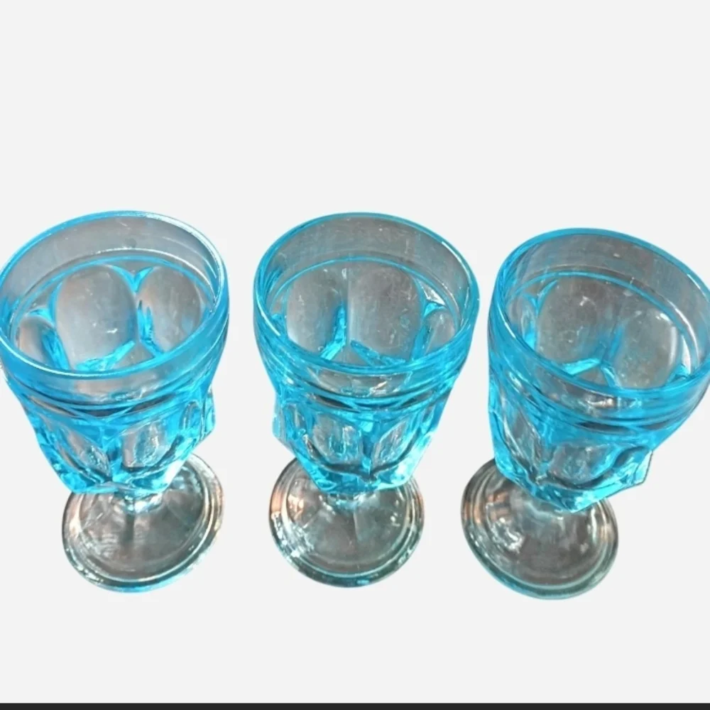 3 Vintage 70s Anchor Hocking Sky Blue Colored Goblets In The Fairfield Pattern